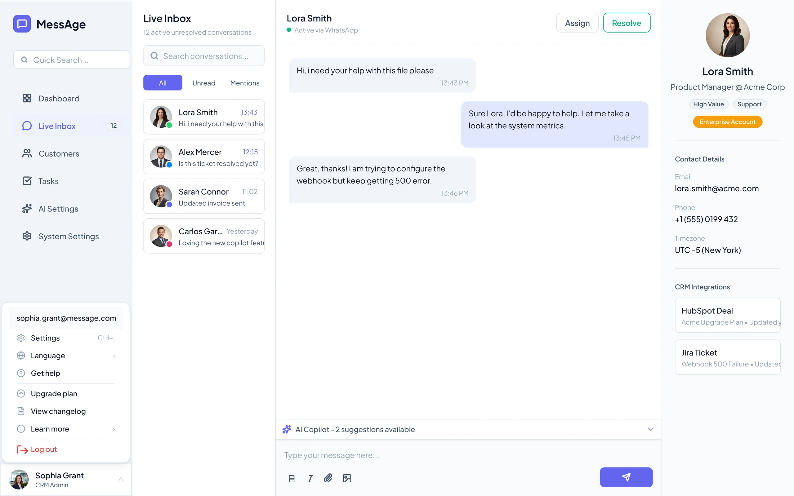 MessAge Live Inbox — unified conversations with AI Copilot suggestions