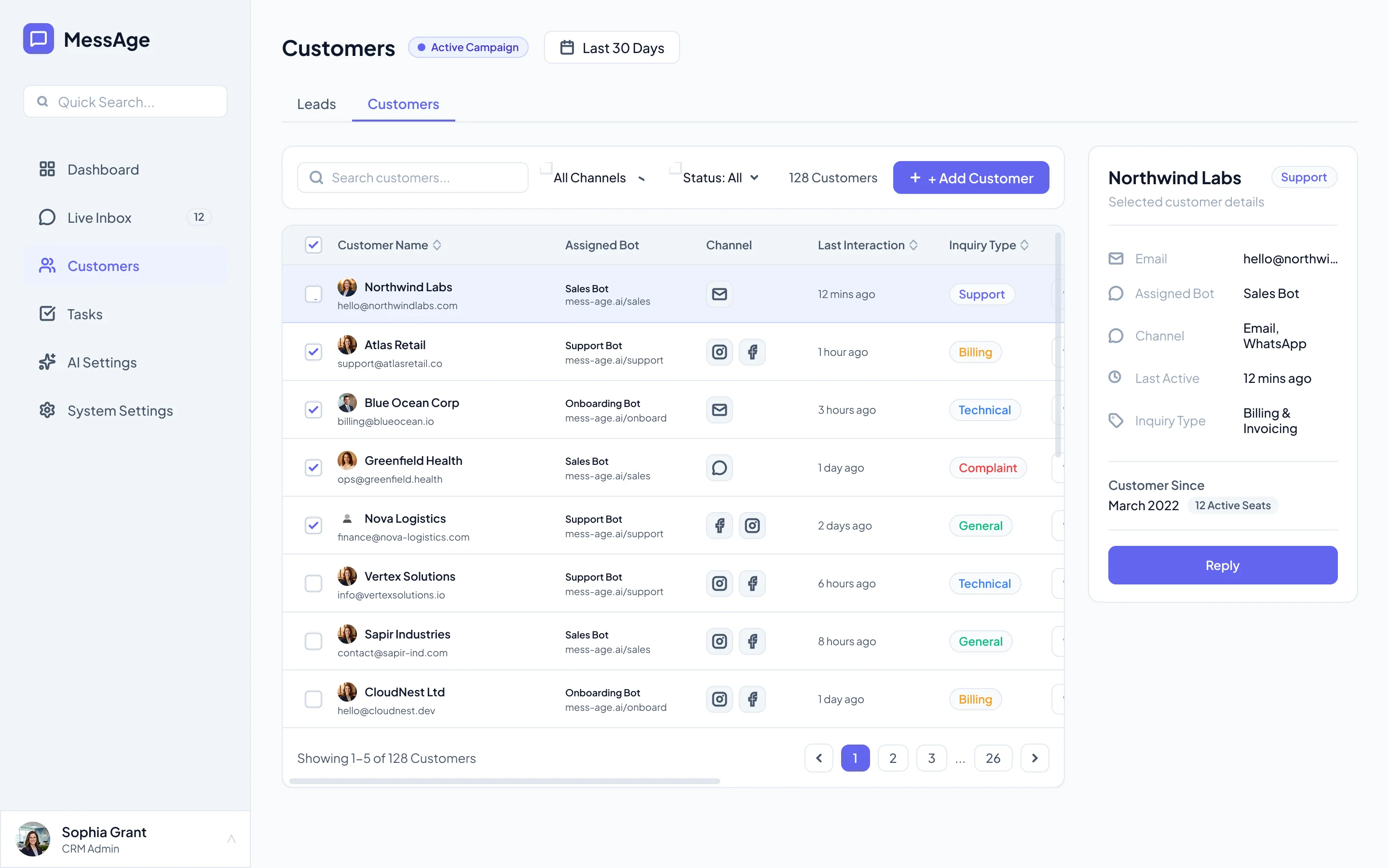Customers screen with a selected row