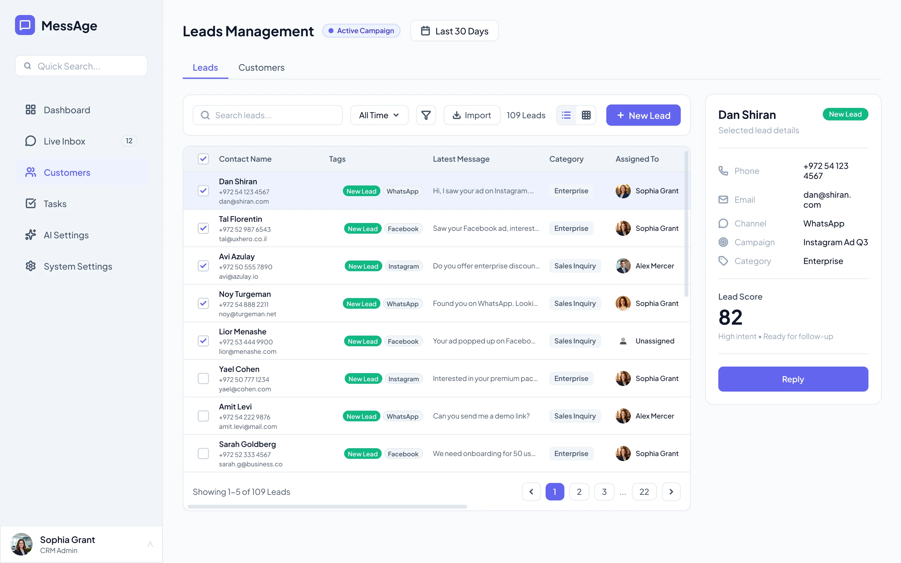 Leads screen with a selected row