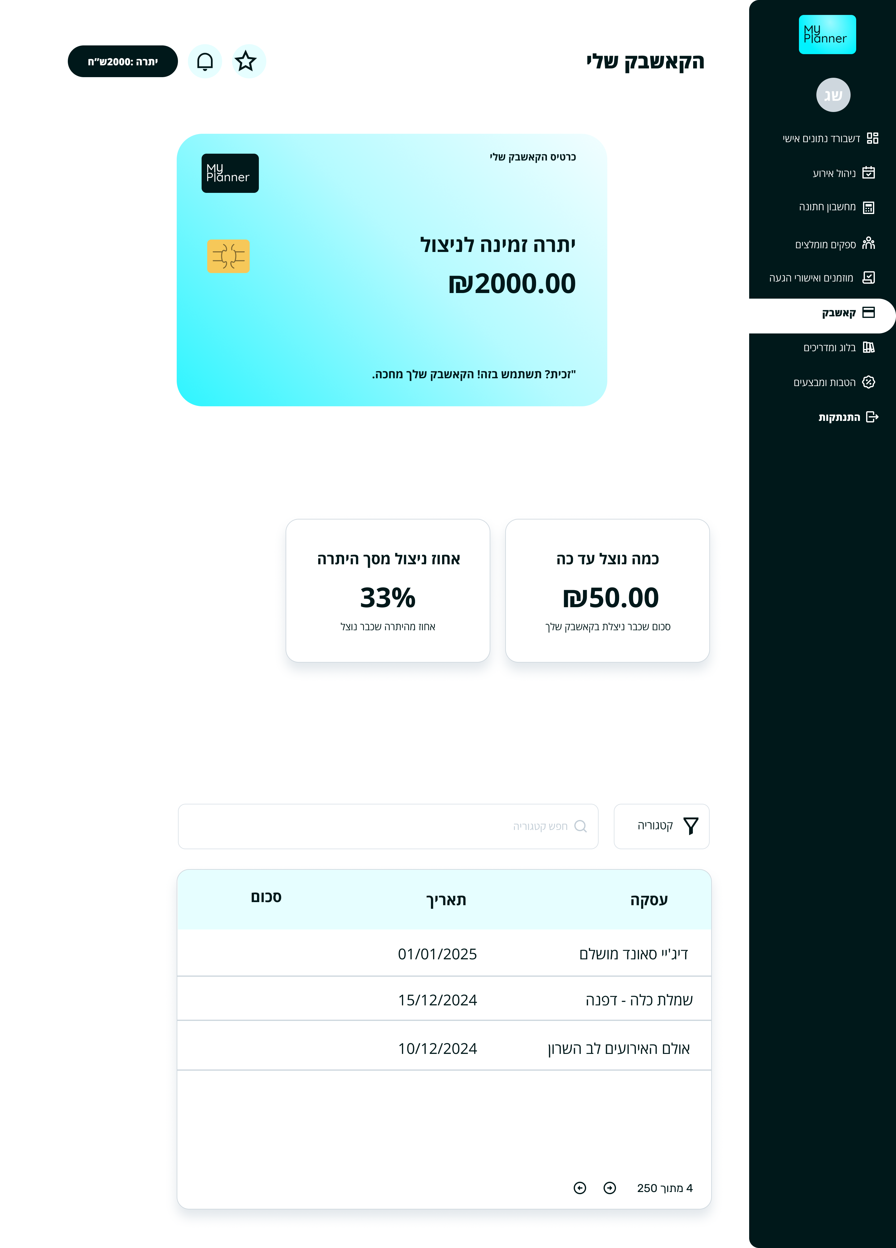 MyPlanner cashback and payment tracker showing ₪2,000 balance and transaction history