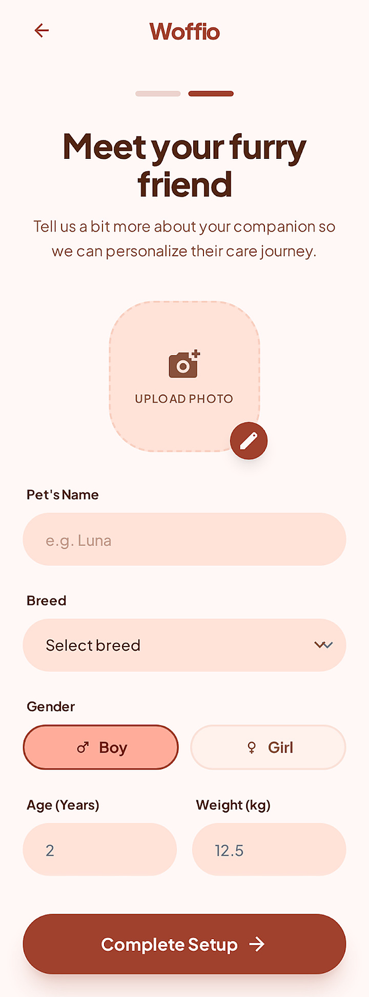Woofio pet profile screen on iPhone